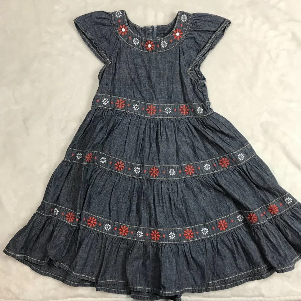 Gymboree Floral Embroidered Denim‎ Tiered Maxi Dress 100% Cotton Zipper Girls 5